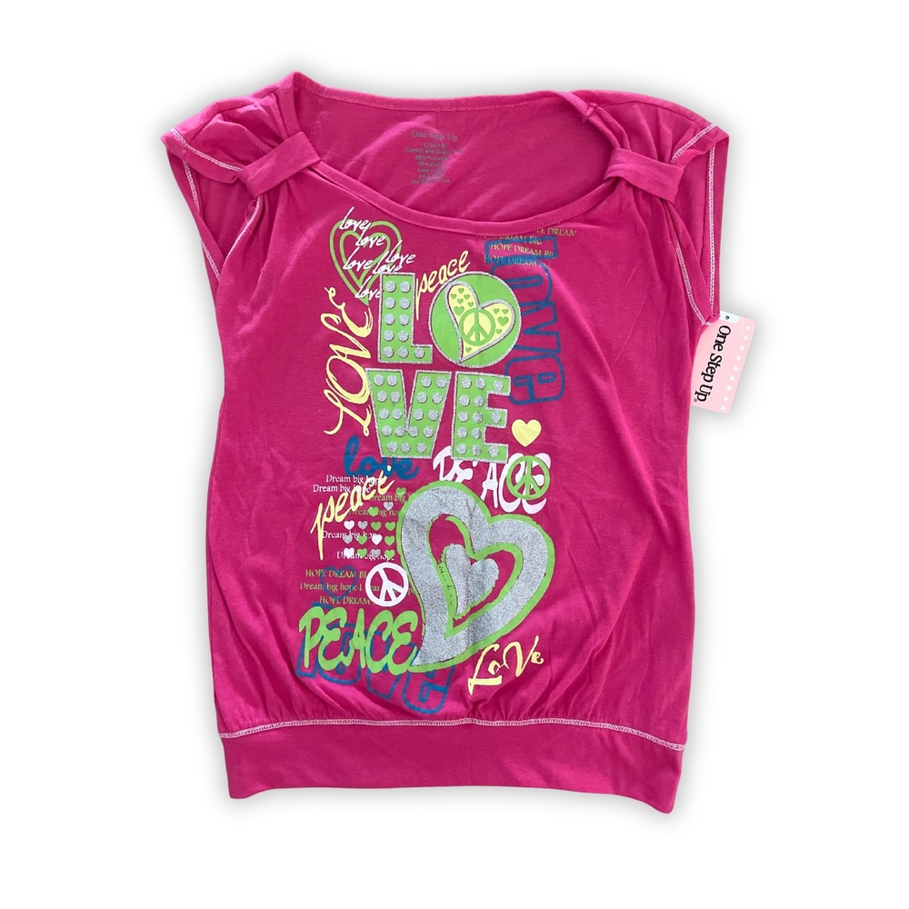 NWT Pink Love Peace Glitter Graphic Girls Shirt Size L(14/16)